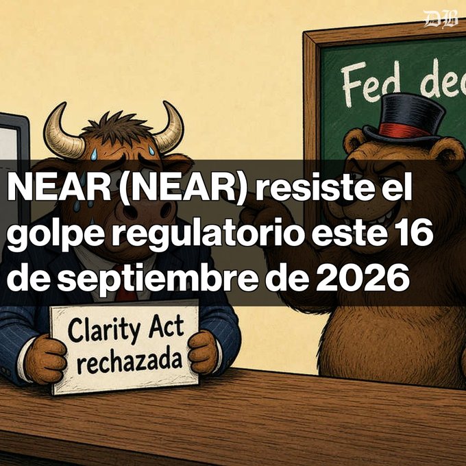 An illustration of a sweating bull holding a "Clarity Act rechazada" sign next to a confident bear in a top hat, with Spanish text reading "NEAR (NEAR) resiste el golpe regulatorio este 16 de septiembre de 2026" and a chalkboard showing "Fed dec".