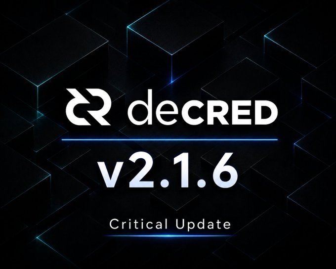 A dark promotional graphic announcing 'decred v2.1.6 Critical Update' with the Decred logo against a geometric cube pattern background.