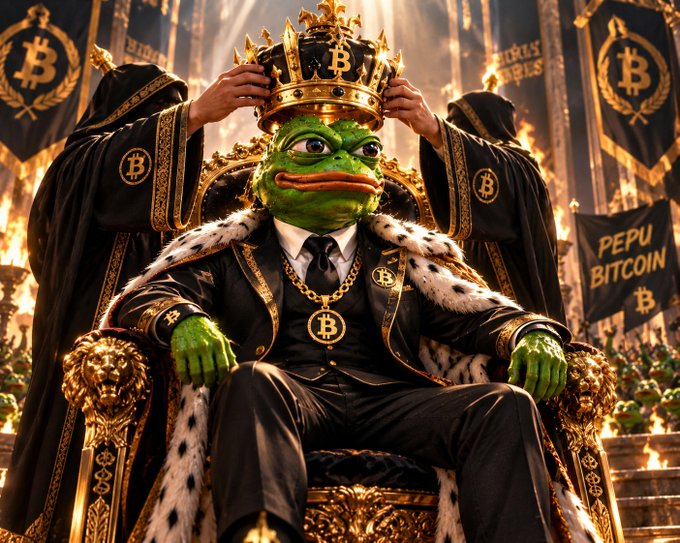 AI-generated image of Pepe the Frog dressed as royalty, wearing a crown, royal robes with Bitcoin symbols, and seated on a golden throne, surrounded by Bitcoin-themed banners reading 'PEPU BITCOIN'.