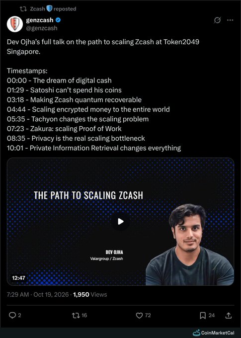 A screenshot of a reposted tweet by 'genzcash' (@genzcash) promoting Dev Ojha's full talk on the path to scaling Zcash at Token2049 Singapore, with timestamps for the video topics shown.