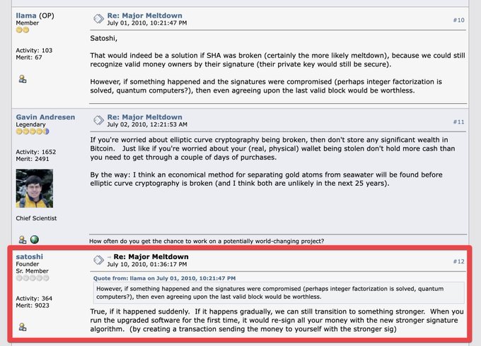 A screenshot of a Bitcoin forum thread from July 2010 titled "Re: Major Meltdown," showing Satoshi's post #12 (highlighted in red) responding to "llama," where Satoshi acknowledges that if signatures were compromised by quantum computers, users could "re-sign all your money with the new stronger signature algorithm," with Gavin Andresen's post #11 visible above it.