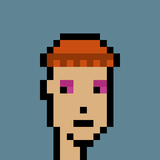 Pixel art portrait of a character with an orange hat and pink eyes on a blue background.