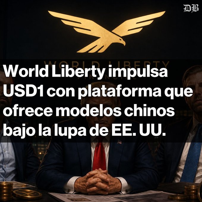 The image shows a dark, moody scene featuring Donald Trump seated at a desk with hands clasped, flanked by two other men in suits, with stacks of coins and currency visible in the lower portion and a golden eagle emblem above. The Spanish headline reads "World Liberty impulsa USD1 con plataforma que ofrece modelos chinos bajo la lupa de EE. UU." (World Liberty promotes USD1 with platform offering Chinese models under U.S. scrutiny), visually tying together the crypto venture's launch with the broader regulatory concerns about Chinese AI models being included on the platform.
