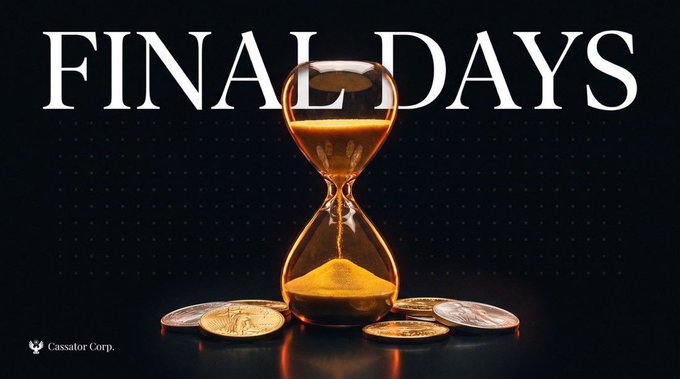 An hourglass with golden sand running through it sits atop several coins, overlaid with the bold text "FINAL DAYS" and the Cassator Corp. logo in the bottom left, visually emphasizing the time-sensitive nature of the staking campaign mentioned in the post highlighting Cassator's ecosystem growth metrics.