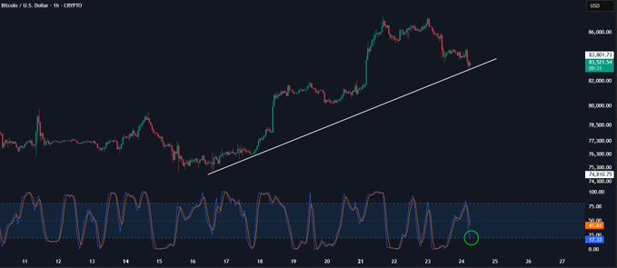 A 1-hour candlestick chart of Bitcoin (BTC/USD) shows price retesting a rising trendline support around $82,000-$83,000, with the Stoch RSI indicator below displaying a signal in the oversold zone (circled in green), visually supporting the post's claim of a potential bounce setup.