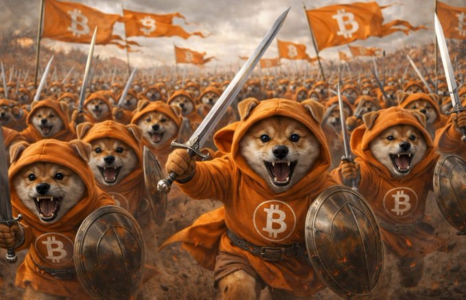 The illustration depicts a vast army of Shiba Inu dogs wearing orange hooded cloaks emblazoned with the "₿" Bitcoin symbol, charging forward with swords and shields while waving orange Bitcoin flags—visually representing the post's rallying call of the "$DOG" army mobilizing to overthrow crypto corruption and insider exploitation.