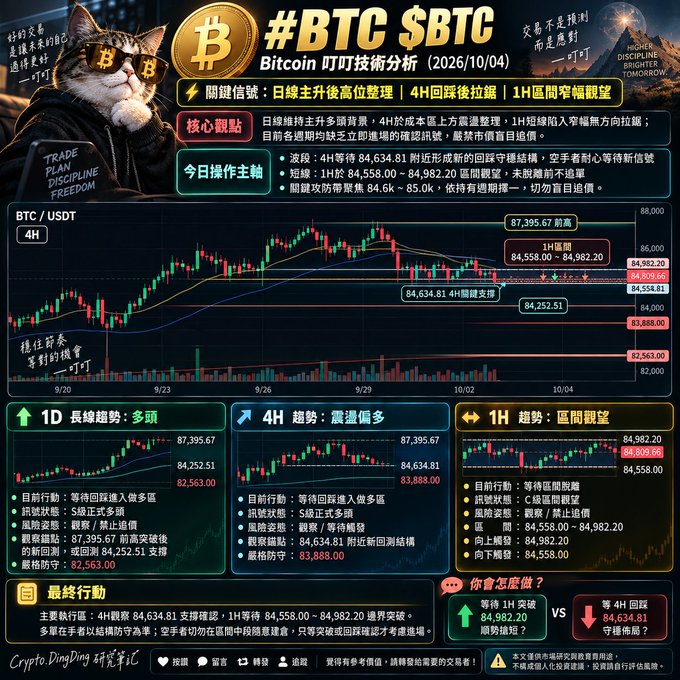 A cryptocurrency analysis chart titled '#BTC $BTC Bitcoin 叮叮技术分析' dated 2026/10/04, showing Bitcoin candlestick patterns, technical indicators, and trading recommendations.