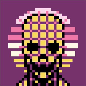 A pixel art portrait of a figure rendered in pink, yellow, black, and white blocks against a purple background.