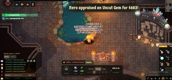 A video game screenshot shows a player named "Itero" appraising an Uncut Gem for $683 at a repository surrounded by water and treasure, illustrating the rare big payout from free fishing in Cambria, alongside chat showing system updates of fresh Raw Trout Mackerel and Carp loot being collected.