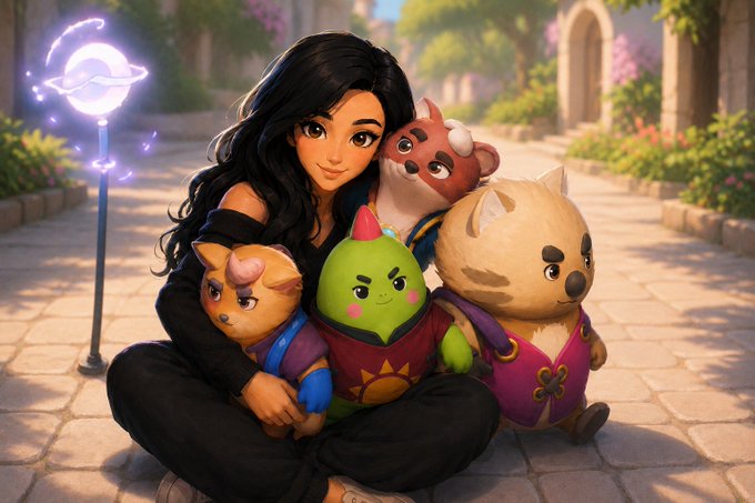 A stylized digital illustration of a girl with dark hair surrounded by four cute animal and fruit characters on a cobblestone path.