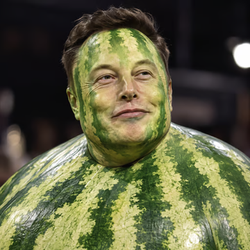 A man dressed as a watermelon, captioned “melon musk,” with a knowing smirk—evoking the post’s contrast between Robinhood’s alleged wrongdoing and Solana meme-coin culture.