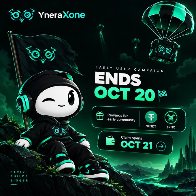 A promotional banner for 'YneraXone' advertises an 'Early User Campaign ENDS OCT 20' with rewards of $USDT and $YNX, claiming opens OCT 21, featuring a green and black robot mascot holding a flag.