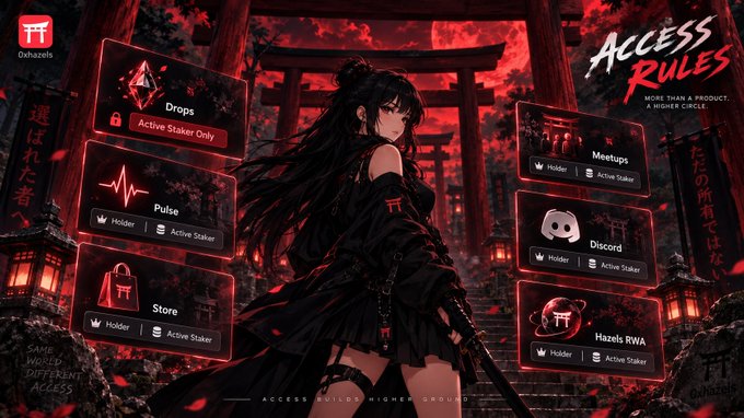 Anime-style promotional graphic for 'Hazels' showing a dark-haired female character in black attire in front of red torii gates, detailing 'ACCESS RULES' for features like Drops, Pulse, Store, Meetups, Discord, and Hazels RWA.