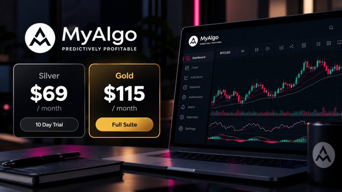 A promotional graphic for 'MyAlgo' software showing pricing tiers—Silver at $69/month and Gold at $115/month—alongside a laptop displaying a BTC/USD trading chart.