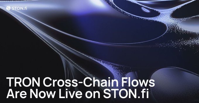 STON.fi announcement banner with text 'TRON Cross-Chain Flows Are Now Live on STON.fi' against a dark fluid background.