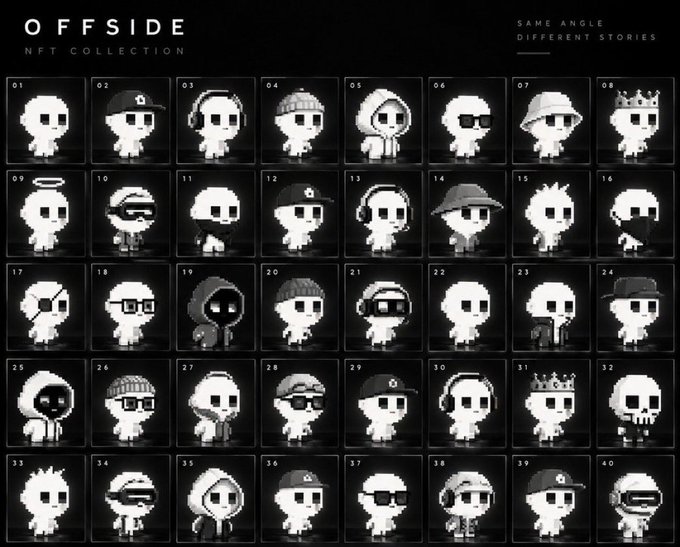 The image displays a 40-piece grid preview of the "OFFSIDE NFT COLLECTION" featuring pixel art characters with various accessories like hats, headphones, and sunglasses, tagged "SAME ANGLE DIFFERENT STORIES," showcasing samples from the 3,000-piece series mentioned in the accompanying giveaway post with @offsidenft.