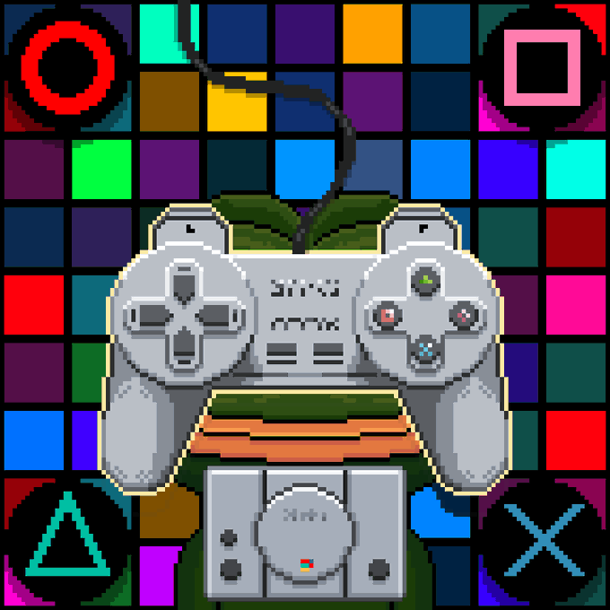 A pixel-art illustration of a gray retro game controller centered on a colorful mosaic background, with PlayStation symbols (circle, square, triangle, X) in the corners.