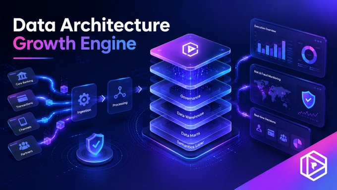 A sleek, futuristic infographic titled "Data Architecture Growth Engine" illustrates a layered data pipeline—flowing from sources like Core Banking, Transactions, Channels, and Partners through Ingestion and Processing into a stacked architecture of Governance, Data Warehouse, Data Marts, and Semantics Layer, ultimately powering dashboards, risk monitoring, and real-time decisions.

The image visually echoes the post's point about scaling digital banks through thoughtful data design rather than surface-level dashboards.