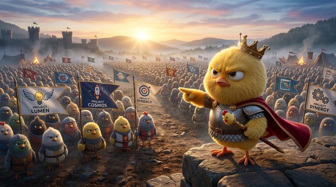 A whimsical 3D-rendered scene of a yellow chick wearing a gold crown and red cape, standing on a rocky outcrop and addressing an army of similarly cute chick soldiers holding banners labeled with project names like 'LUMEN', 'COSMOS', and 'SYNERGY'.