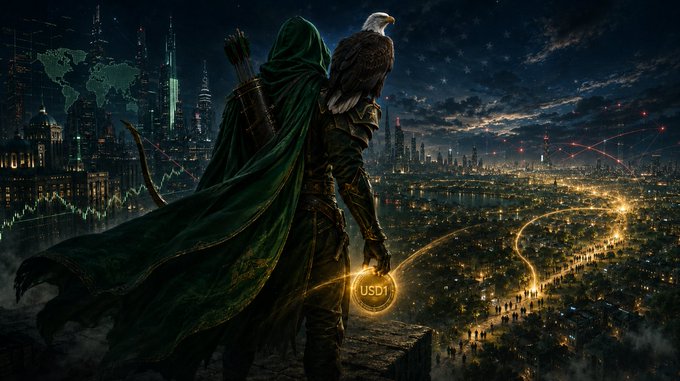A hooded archer with a bald eagle perched on his shoulder overlooks a sprawling nighttime cityscape, holding a glowing coin marked "USD1," symbolizing the watchful vigilance and high stakes of the stablecoin market as USDT proves itself one of the world's most lucrative businesses.