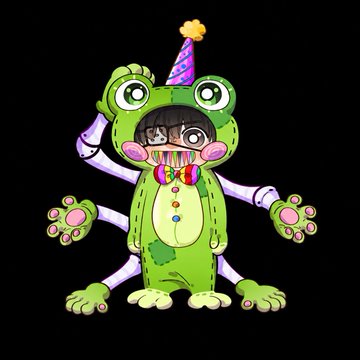 A person wearing a frog costume, party hat, and glasses with a rainbow ball in their mouth poses in front of a black background, likely a Doodles NFT character generated through the new toy factory AI service.
