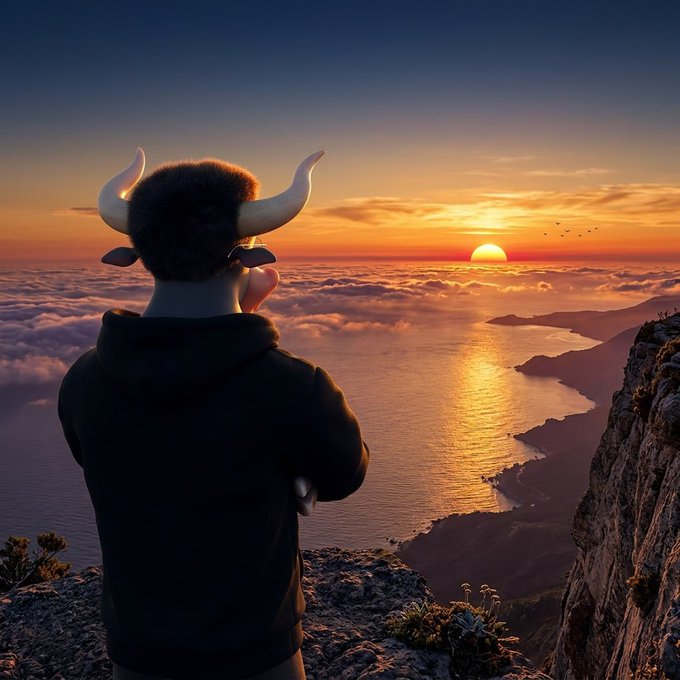 A bull-headed figure in a black hoodie gazes over a misty ocean at sunset from a cliff's edge, symbolizing the bullish sentiment and "10B $CZ" milestone being celebrated. The rising sun and horned silhouette evoke market optimism and the surge to a 10 billion dollar valuation.