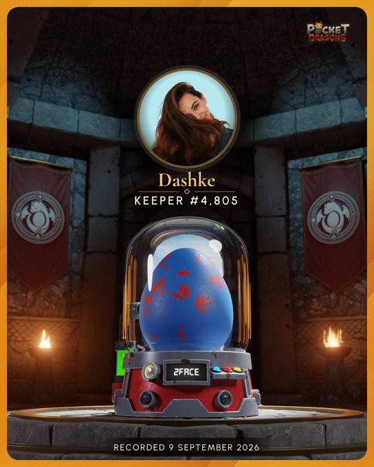 A 'Pocket Dragons' app screenshot features a blue and red dragon egg in a gacha capsule machine, with a user profile labeled 'Dashke, KEEPER #4,805' recorded on '9 SEPTEMBER 2026.'