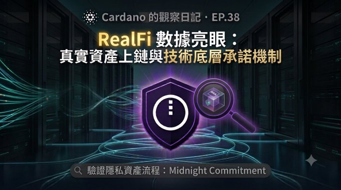 A dark, futuristic thumbnail featuring server racks with a glowing purple shield, magnifying glass, and "ADA" cube icon, titled "Cardano 的觀察日記 · EP.38" with the headline "RealFi 數據亮眼：真實資產上鏈與技術底層承諾機制" (RealFi Data Shines: Real Asset On-Chain and Technical Infrastructure Commitment Mechanism) and a subtitle "驗證隱私資產流程：Midnight Commitment" — visually introducing an episode about Cardano's privacy-focused Midnight network and its RealFi (Real Finance) developments.