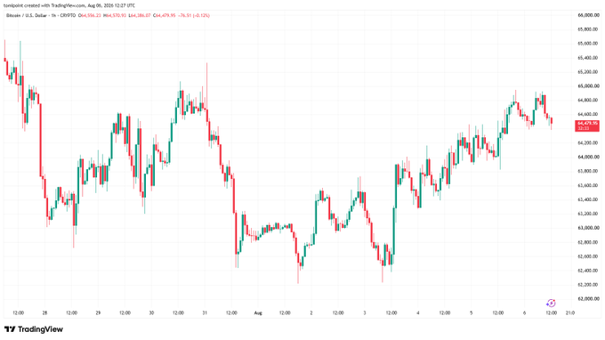 A TradingView candlestick chart of Bitcoin (BTC/USD) on a 1-hour timeframe showing price action from late July to early August 2024, with the current price displayed around 64,494.78.