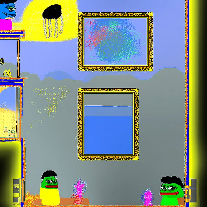 A surreal pixel-art game scene shows two green Pepe-like characters in a yellow room featuring ornate gold-framed "paintings" displaying what appears to be MS Paint scribbles and a blue square, fitting the "digital renaissance" theme by reimagining classical museum aesthetics with crude digital art. A jellyfish-like sun with dripping tentacles hovers above, while a bookshelf on the left and colorful paint splatters complete the absurdist, meme-inspired atmosphere.