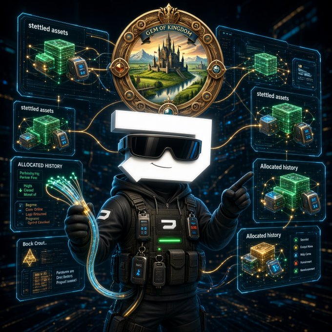 Digital artwork of a futuristic character in a black tactical outfit wearing a white VR headset, surrounded by floating holographic panels showing 'GEM OF KINGDOM,' settled assets, allocated history, and block crout data.