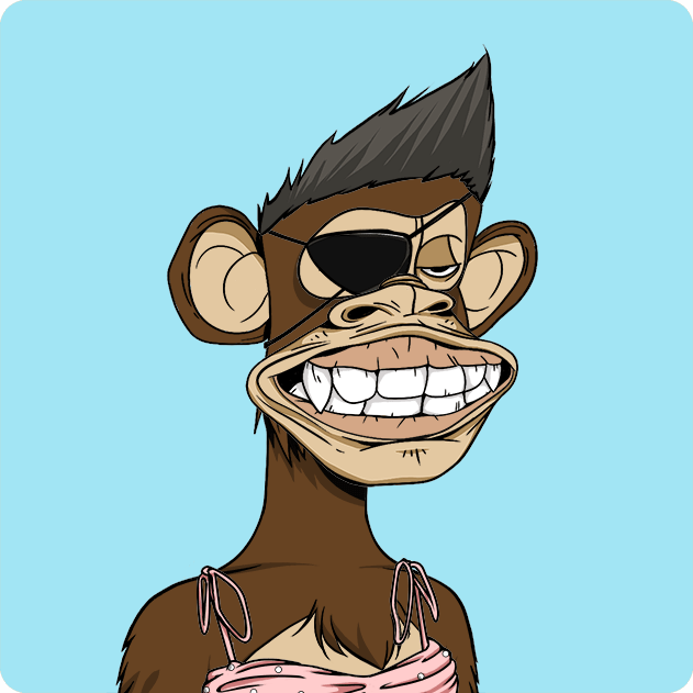 The image features a cartoon monkey with a pink shirt, wearing glasses and a pirate hat. The monkey has a big smile and appears to be happy or content. The background of the image is blue, which contrasts nicely with the monkey's attire and adds depth to the scene. There are no texts present in the image, but there is a caption that reads "Ape #7785 Bought for 9.6 ETH 0x7Cb3...38BA wolveriine.eth etherscan.io/tx/0xcd3fbdba4 ... Return to Monke: opensea.io/collection/bor ... bored ape yacht club". This caption provides context about the image and its creator, tying it back to the original post where a monkey is being sold for 9.6 ETH.