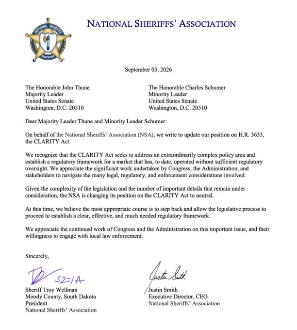 A formal letter on National Sheriffs' Association letterhead dated September 03, 2026, addressed to Senate leaders John Thune and Charles Schumer, signed by Sheriff Troy Wellman and Executive Director Justin Smith.