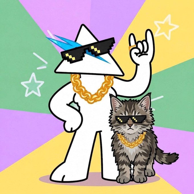 A cartoon illustration features a white triangular character with pixelated sunglasses, a blue lightning bolt, and a gold chain, standing next to a fluffy gray cat wearing matching sunglasses and a gold chain against a colorful starburst background.