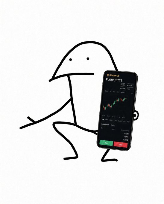 A simple line-drawn stick figure with a hooded head holds up a smartphone displaying the Binance app, where the FLORK/BTC trading pair is open with a candlestick chart and a green "Buy" button ready to be tapped. The image humorously illustrates the caption about loading up on BNB memecoins, with the hooded figure poised to make another purchase on the Binance exchange.