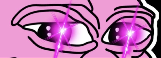 An animated/illustrated close-up of stylized pink cartoon eyes with bright pink and purple star-shaped sparkles emanating from the pupils.