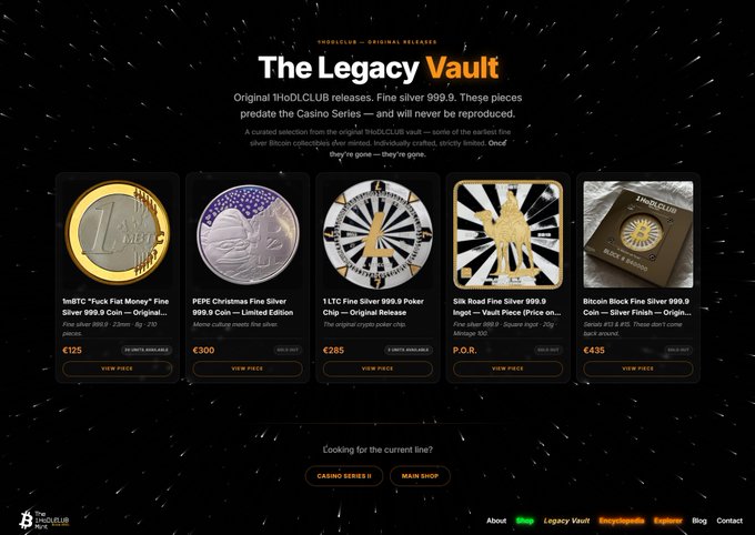 "Ladies and Gentlemen, GM The Legacy Vault have still some Fine Silver inside. A few pieces still available, some already gone. 1hodlclub.com/legacy-vault Wish you all a blessed day #bitcoin #1HoDLClUB". The image is from a cryptocurrency website that features the logo of The Legacy Vault.