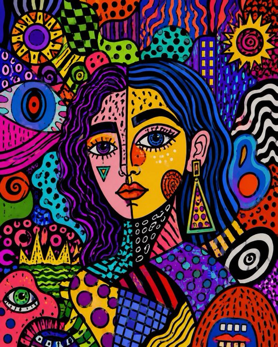 The image features a colorful abstract painting of a woman's face, with various elements such as circles, lines, dots, and other shapes that create an artistic and vibrant scene. The painting includes a mix of colors like pink, blue, green, yellow, orange, purple, and black. The post in question is about a website called GTD (Greatest Trends Dictionary), which is still live and relevant to the artist's work.