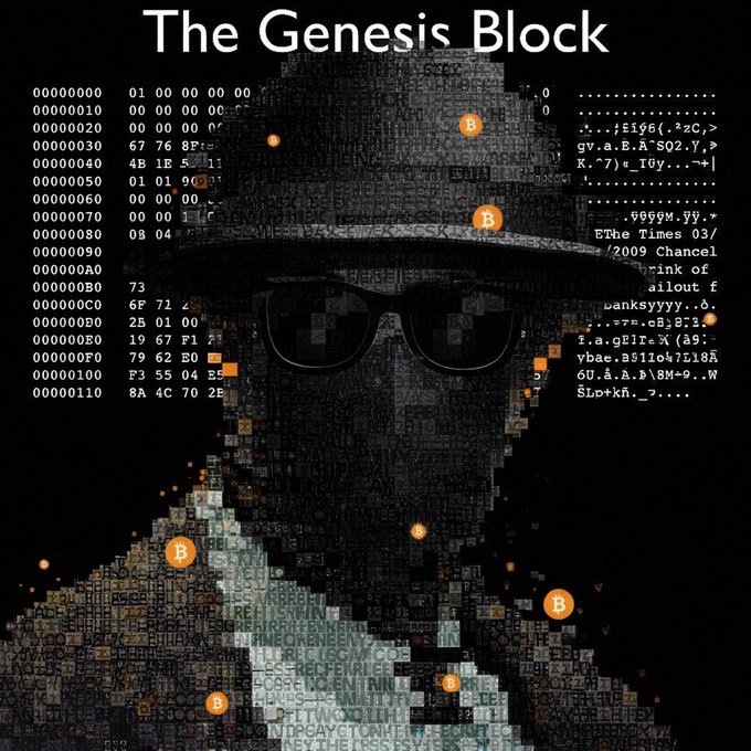 An artistic image titled 'The Genesis Block' depicting a pixelated figure wearing sunglasses and a hat, overlaid with hex code and the Bitcoin Genesis Block text including 'The Times 03/Jan/2009 Chancellor on brink of second bailout for banks'.