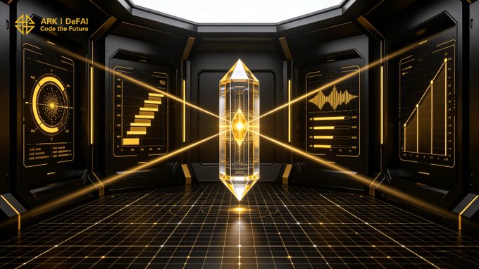 A futuristic dark room features the "ARK 1 DeFAI Code the Future" logo in the top-left corner, with a glowing golden crystal at the center surrounded by data visualizations and intersecting light beams, visually representing the transformation of complex signals into actionable intelligence described in the accompanying post about the Arkie AI App.