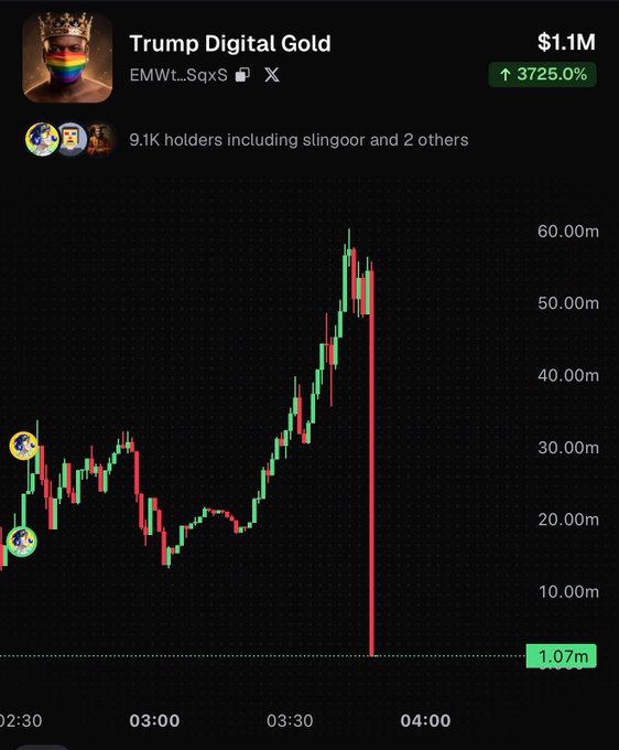 The image shows a price chart for "Trump Digital Gold" ($EMWt...SqxS) which reached a peak around $60M before dramatically crashing to $1.07M, with the token noting 9.1K holders including "slingoor." The chart exemplifies the post's message about another "rug pull," showing how the token's value collapsed shortly after reaching its high, while the poster humorously claims to be focused on manifesting gains in the "Pussy Cat Club" instead of chasing such volatile rugs.