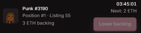 Auction interface showing 'Punk #3190' at Position #1, Listing 55, with 3 ETH backing, 'Lower backing' button, a 03:45:01 timer, and Next: 2 ETH.