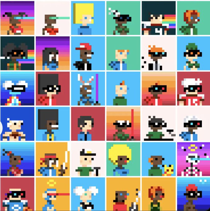 A grid of pixel art characters resembling various game and anime heroes with laser beam eyes, including figures resembling Star Wars, Naruto, and One Piece characters.
