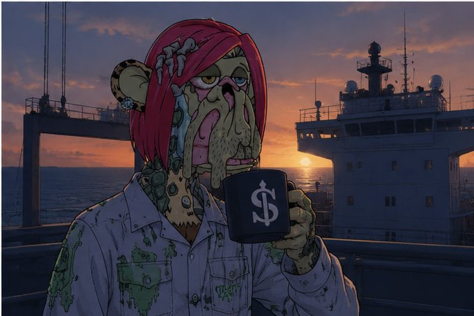 A cartoon-style illustration of a disheveled zombie-like ape character wearing a pink beanie and a green-stained shirt, holding a black mug with a dollar sign, set against a sunset ocean backdrop featuring an aircraft carrier.
