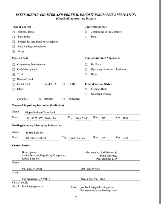 This image shows page 7 of Ripple's Interagency Charter and Federal Deposit Insurance Application, with checkboxes indicating Ripple National Trust Bank is applying as a National Bank under OCC jurisdiction with Member Bank Federal Reserve status. The application lists Ripple Labs Inc. (600 Battery Street, San Francisco) as the holding company, supporting the announcement that Ripple has secured recognition as a National Trust Bank.