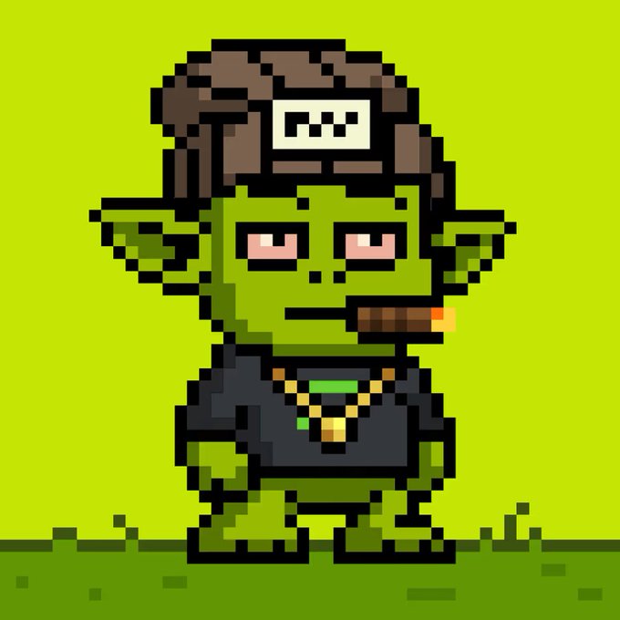 A pixel art illustration depicts a green goblin-like creature wearing a backwards cap, smoking a cigar, and sporting a gold chain, set against a lime green background.