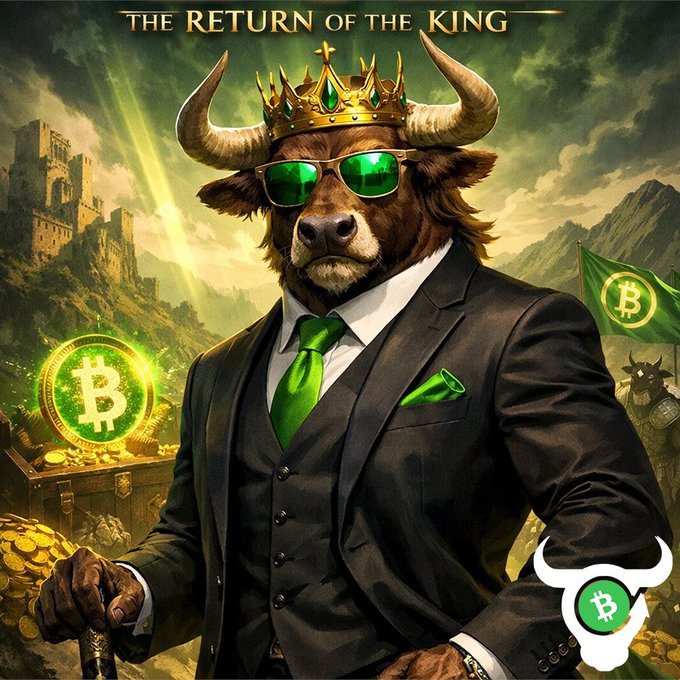 The illustration features an anthropomorphic bull king titled "THE RETURN OF THE KING," wearing a crown, green sunglasses, and a sharp suit, surrounded by Bitcoin logos, gold coins, and a treasury chest, symbolizing Bitcoin's bullish comeback. The image ties directly to the post by depicting a regal, triumphant return of a crypto project—portraying Bitcoin as the returning monarch ready to reclaim its throne.