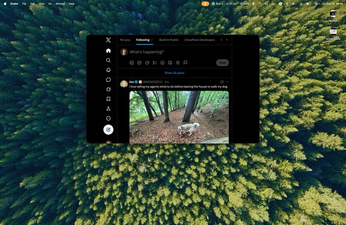 A desktop screenshot showing the X (formerly Twitter) app open over a forest wallpaper background, displaying a post by 'kim' about washing her dog to walk in the woods.