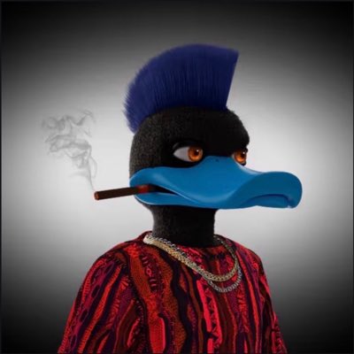 A 3D-rendered blue duck character with a blue mohawk, wearing a red patterned shirt and gold chains, smoking a cigar with smoke rising.
