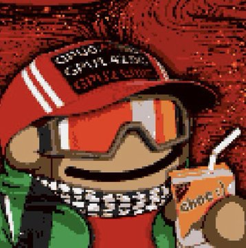 A pixelated cartoon character wearing a red cap labeled "SUPE PROOF GIVES A LEMO" and goggles drinks from an orange "choco-pi" carton, set against a fiery red background. The playful, chaotic art style visually amplifies the post's tongue-in-cheek celebration of BIP-110's failure and the minting of Pupsogette and Bitcoin Cyborgs NFTs.